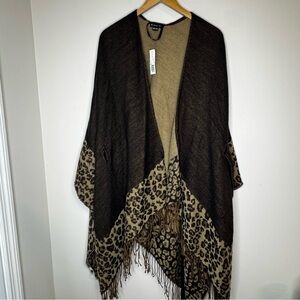 New Directions Cardigan Poncho Brown Leopard trim One Size with belt